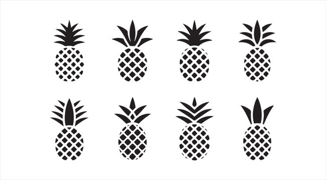 Black pineapple vector silhouettes featuring fresh exotic fruit symbols for creative design themes