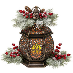 christmas wreath with candle and decorations isolated on white background