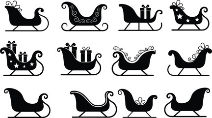 Set of decorative Christmas sleigh silhouettes with gifts, festive winter holiday icons, vintage Santa sleigh designs for creative projects