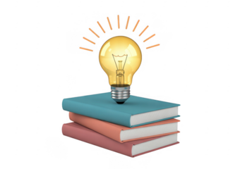 Glowing light bulb on stack of books isolated on a transparent background
