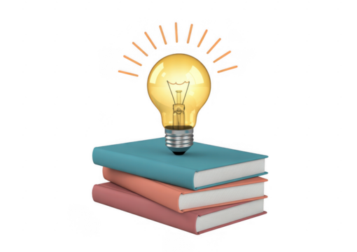 Glowing light bulb on stack of books isolated on a transparent background