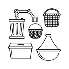 Outline illustration of various containers including baskets, trash can, and tagine