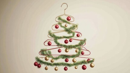 Christmas tree made from coat hangers bent and shaped with decorations,