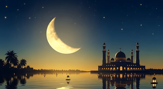 Evening scene of mosque with crescent moon and stars reflecting on water