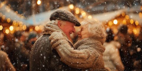 An elderly couple bundled in winter clothes dances together at a snowy Christmas market, smiling tenderly. A quiet celebration of enduring love amid lights, snow, and laughter.
