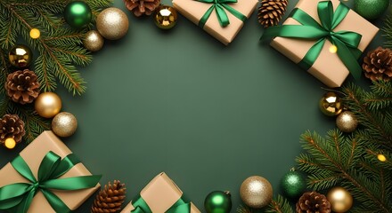 Festive christmas frame with gifts pine cones and greenery on dark green