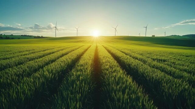 Sunlit wind turbines amidst lush green fields at sunrise