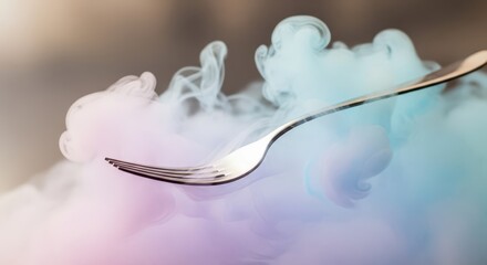 Metal eating utensil resting on swirling low-lying vapor with cool pastel coloration