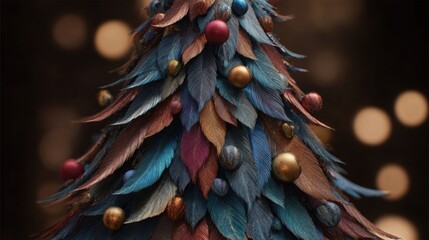 Christmas tree made from feathers arranged in cone with ornaments,