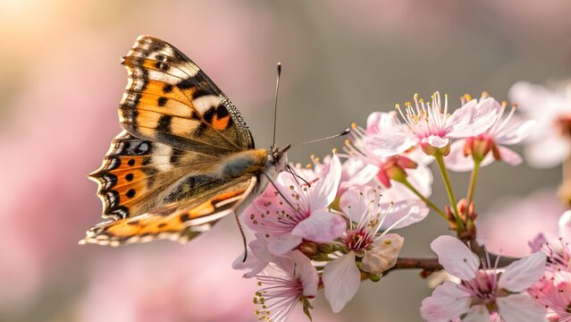 Close up of a painted lady butterfly perched on delicate pink cherry blossom flowers in spring time