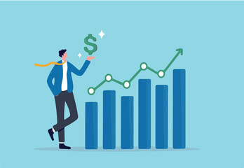Sales person, marketing or investment professional, earning profit or sale commission money, growth planning or success financial advisor concept, confident businessman hold dollar with growth chart.
