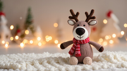 Christmas knitted reindeer toy with red scarf sitting on soft white blanket with festive blurred lights and holiday decorations in warm winter background.