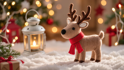 Christmas scene with cute felt reindeer toy in red scarf standing on snow with candle lantern and festive lights in the background. Cozy holiday atmosphere.