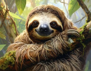 Naklejka premium Close-up of a friendly, smiling sloth hanging on a tree branch