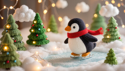 Christmas felt penguin toy ice skating on frozen pond in winter scene with Christmas trees, lights and snow. Cozy festive handmade holiday decoration.