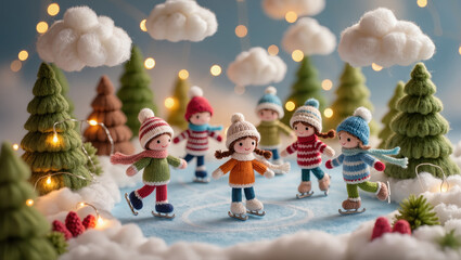 Christmas felt children toys ice skating on frozen pond surrounded by snow, trees and glowing lights in festive winter wonderland scene. Handmade holiday decor.