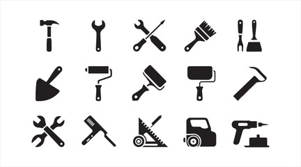 Silhouette set of repair and building equipment for craftsmanship, renovation, and engineering graphics