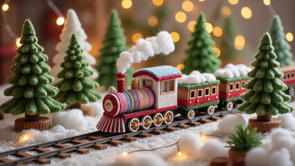 Christmas toy train made of colorful felt riding through snowy landscape with felt pine trees and warm festive lights in background. Handmade holiday scene.