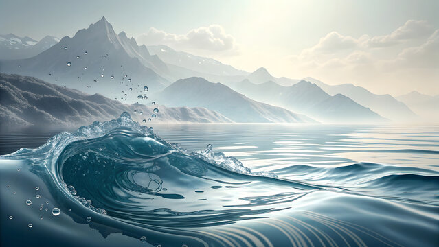 Crashing Ocean Wave with Misty Mountains and Sunlight in the Background water - Powered by Adobe