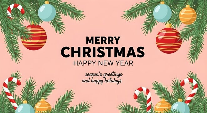 Festive merry christmas and happy new year greeting card with decorative fir tree branches, colorful ornaments, and candy canes on a soft pink background