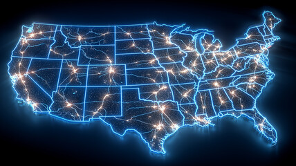 A bright technological map of the United States displaying interconnected routes and nodes representing nationwide communication, mobility and digital coordination.
