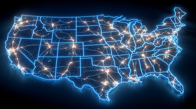 A bright technological map of the United States displaying interconnected routes and nodes representing nationwide communication, mobility and digital coordination.
