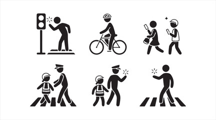 Naklejka premium Black road safety icon set featuring crosswalks, traffic lights, and commuting symbols