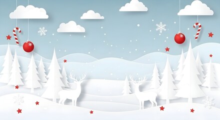 Paper cut winter wonderland scene with white trees, deer, snow, clouds, snowflakes, candy canes, and red ornaments on a blue background, perfect for holiday