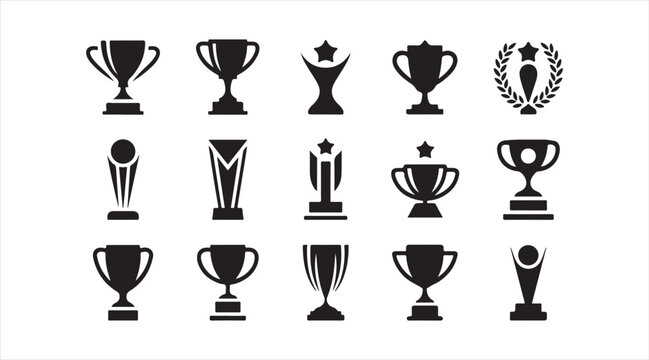 Collection of trophy silhouettes with stars, laurels, and award icons for success and celebration themes