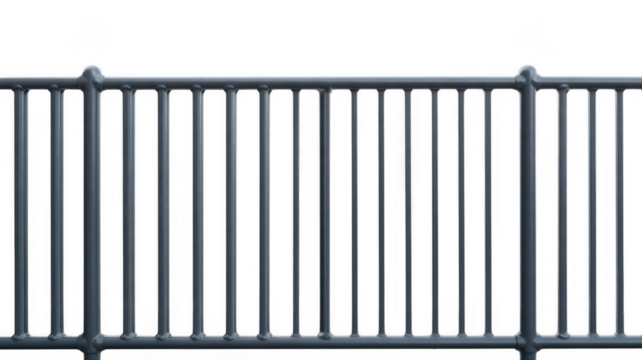 Gray metal railing with vertical bars and rounded top isolated on a transparent background