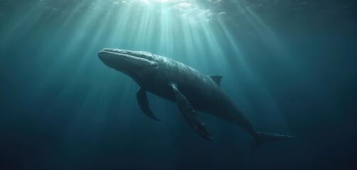 Fototapeta premium Large sperm whale swims underwater in deep blue ocean. Sunlight rays beam down on majestic marine mammal as it moves gracefully through water. Its massive body glides effortlessly below surface.