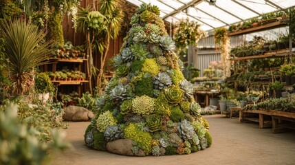 Christmas tree made from succulent plants in garden center display,