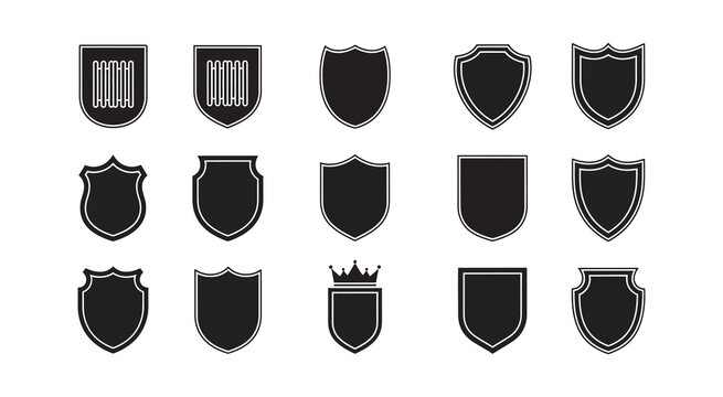 Collection of black shield vector icons with various shapes, symbolizing protection, security, warranty, and quality assurance. Vector
