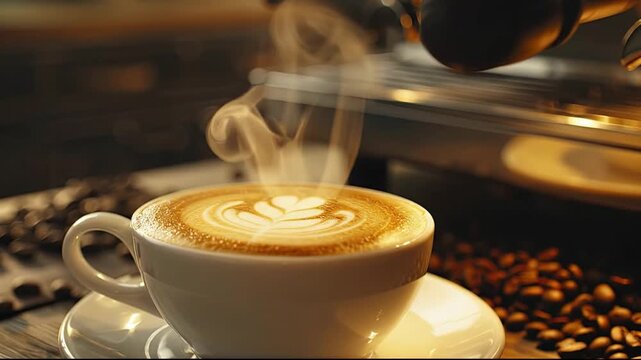 A steaming white cup of latte with leaf-shaped art sits on a saucer surrounded by coffee beans with an espresso machine blurred in the background - Powered by Adobe