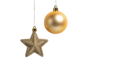 Christmas gold star and bauble ornaments hanging isolated PNG with Transparent Background