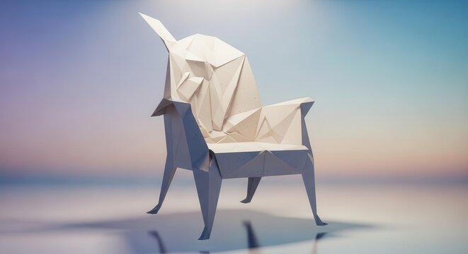 Sculptural paper chair design resembles an abstract animal figure against a soft gradient background - Powered by Adobe