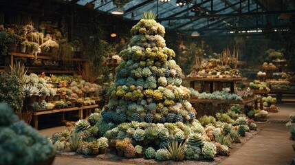 Christmas tree made from succulent plants in garden center display,