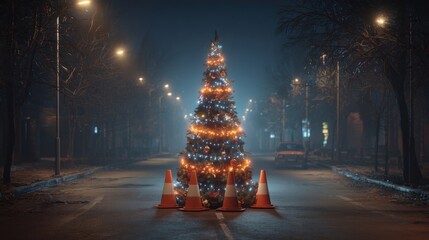Christmas tree made from traffic cones decorated with lights and garland,