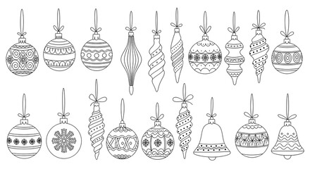 Naklejka premium Black and white line art of various christmas ornaments isolated on white background