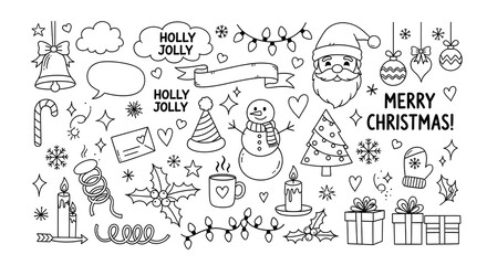 Obraz premium Christmas doodle collection with holiday elements, isolated on white background