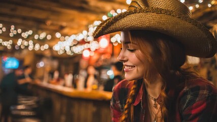 Cowgirl enjoying a lively atmosphere at a rustic bar filled with warm lights and cheerful decor