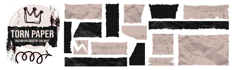 Set torn edge paper with jagged rectangle and rough tattered shape.