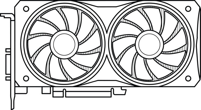 Graphics card illustration, GPU line art, dual-fan cooling, PCIe connector, tech hardware, computer component, black stroke icon