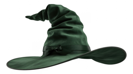 Green velvet wizard hat with ribbon bow isolated on a transparent background