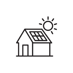 Simple outline icon of a house with solar panels on the roof under a bright sun