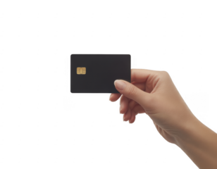 Hand holding blank black credit card with gold chip isolated on a transparent background