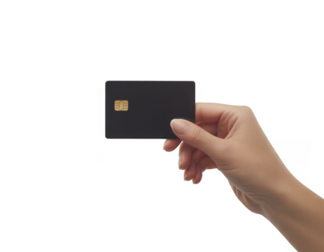 Hand holding blank black credit card with gold chip isolated on a transparent background