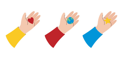 Heart in hand. Earth in hand. Star in hand. Clipart