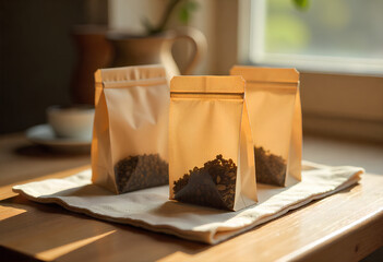 Close-Up Macro Photography of Artisan Tea Bags Highlighted by Gentle Window Sunlight