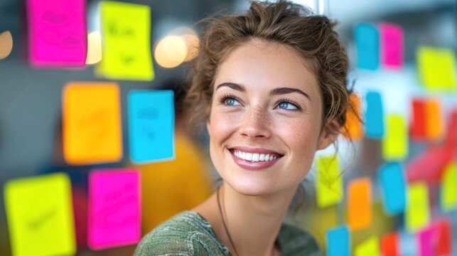 Young woman smiling near colorful sticky notes on a glass wall